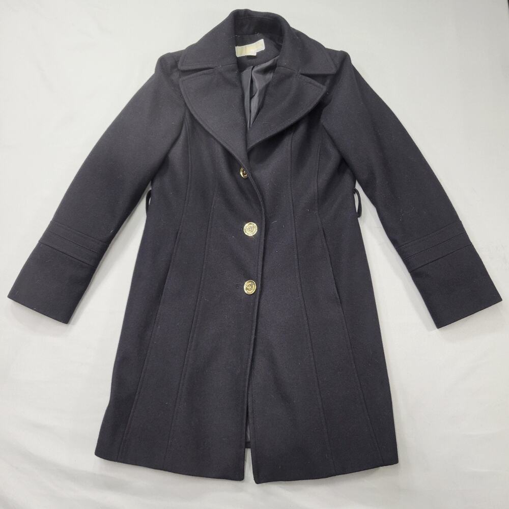 Michael Kors Women’s 4 Wool Blend Coat Black Gold Button Lined Dressy Classic